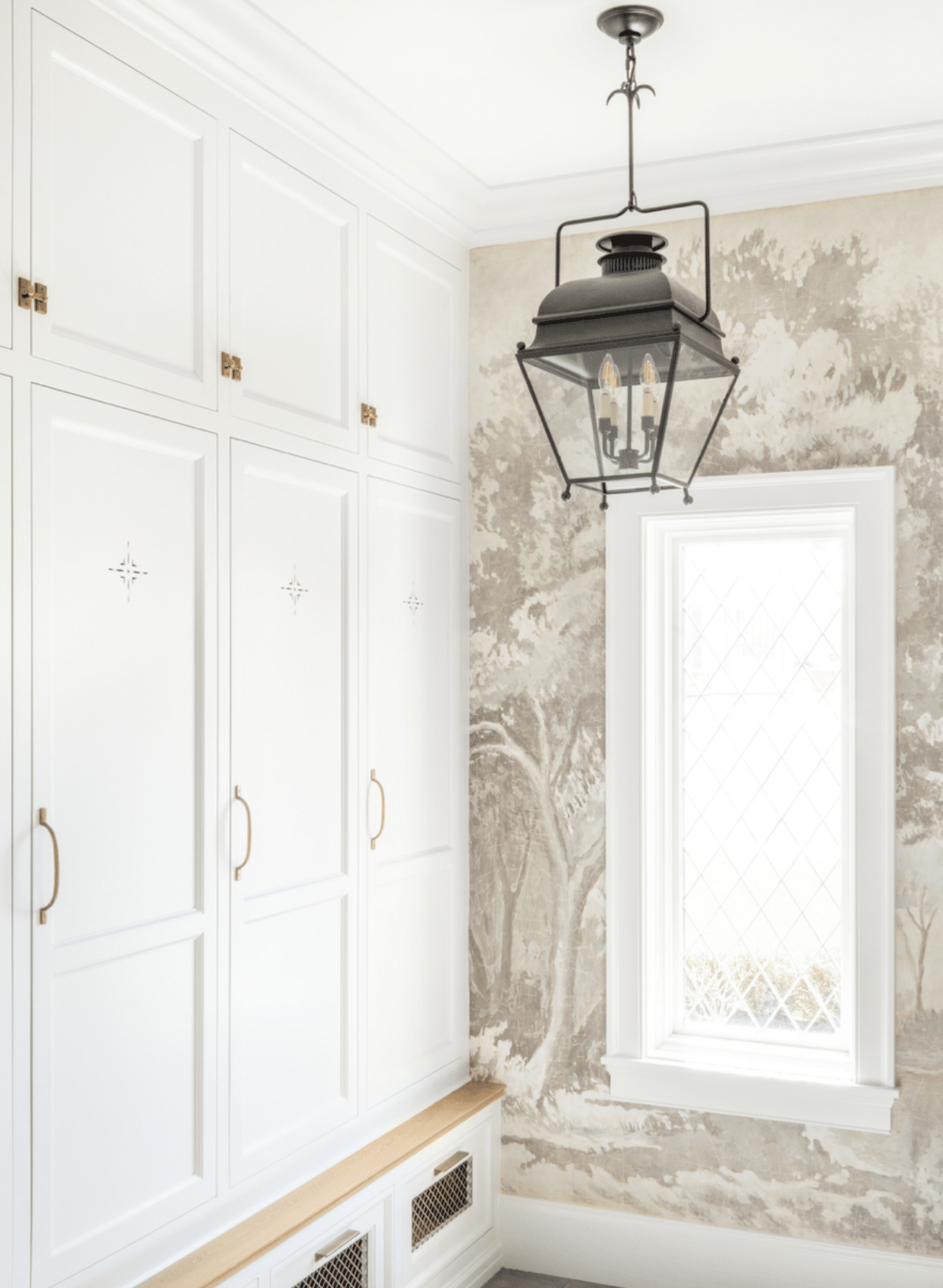 mudroom designed by The Fox Group - Lindsay Salazar Photography -wallpaper - lantern