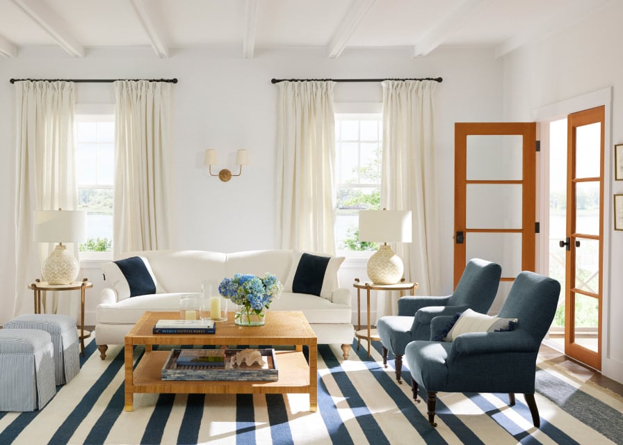 Serena & Lily - living room ideas - living room design - living room - stripe rug- blue and white