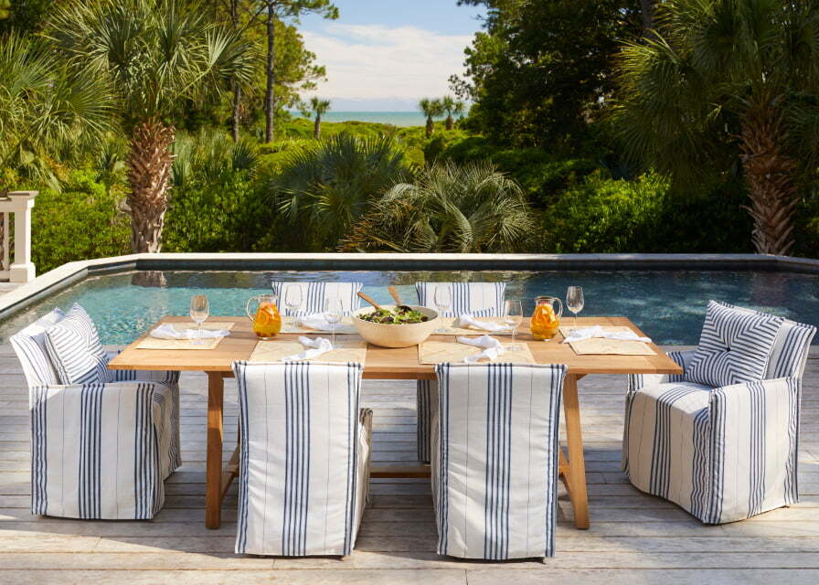 Dining al fresco - outdoor dining - outdoor living - slipcovered chairs - Serena & lily