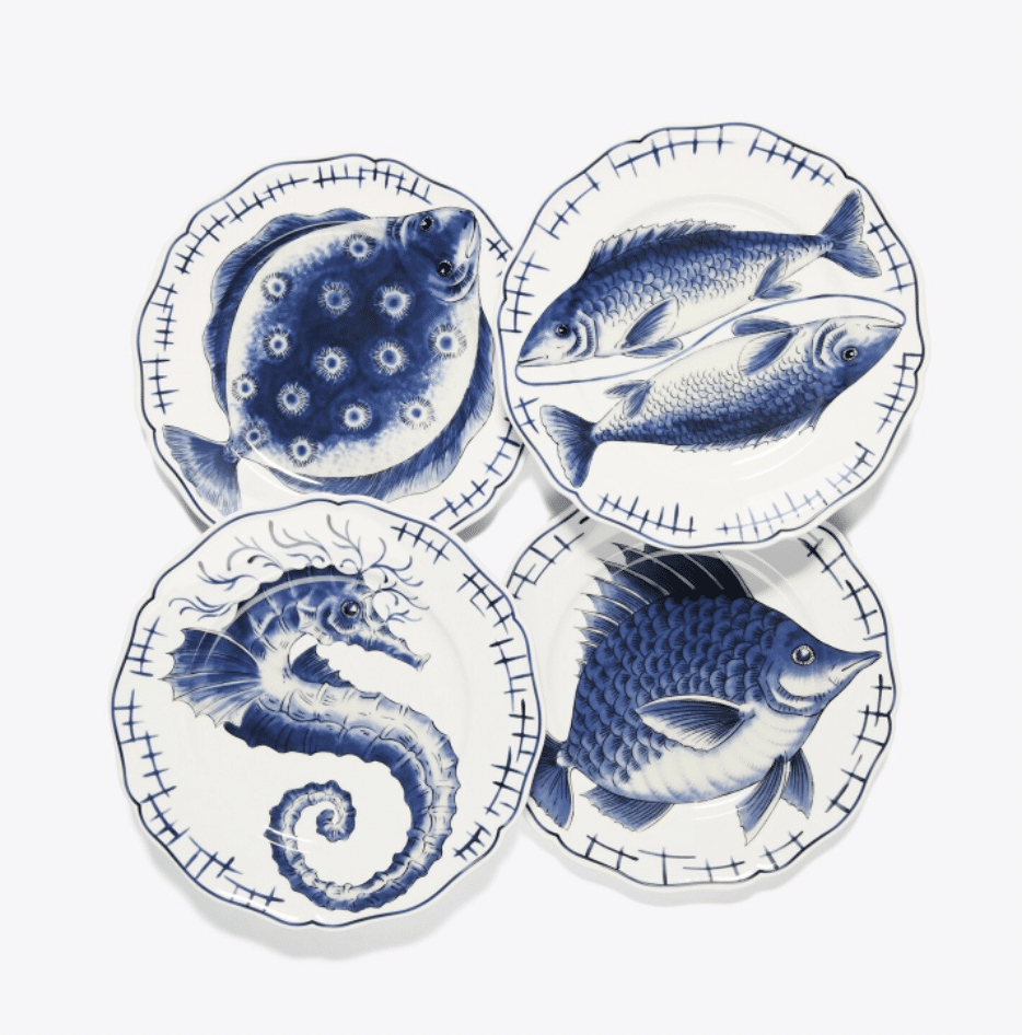 Set of 4 Fish Dinner Plates- tory burch - dinner - entertaining - blue and white