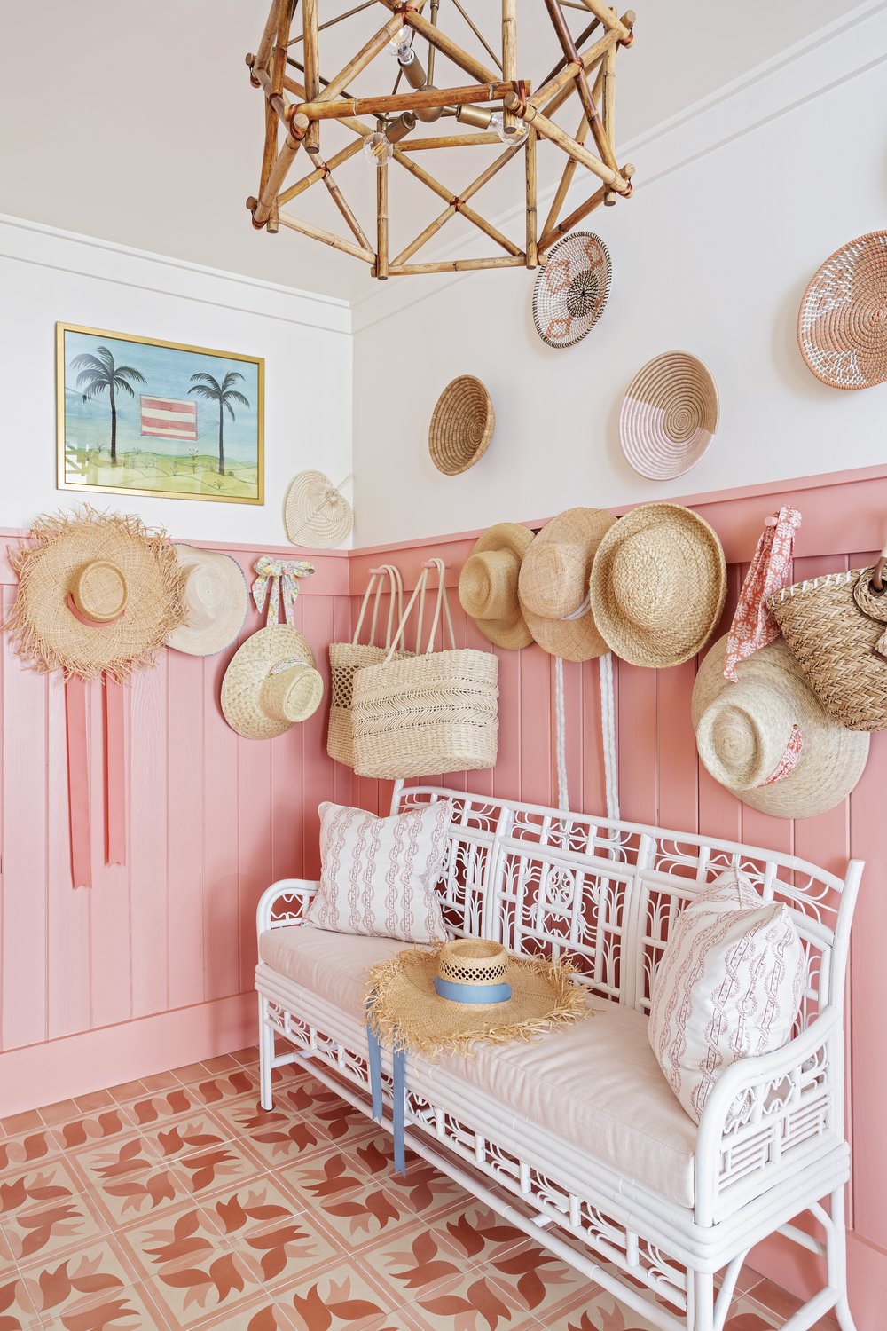 Kara Miller Interior Design - Brantley Photography - Sullivan's Island home - entry - foyer - pink and white - bamboo chandelier