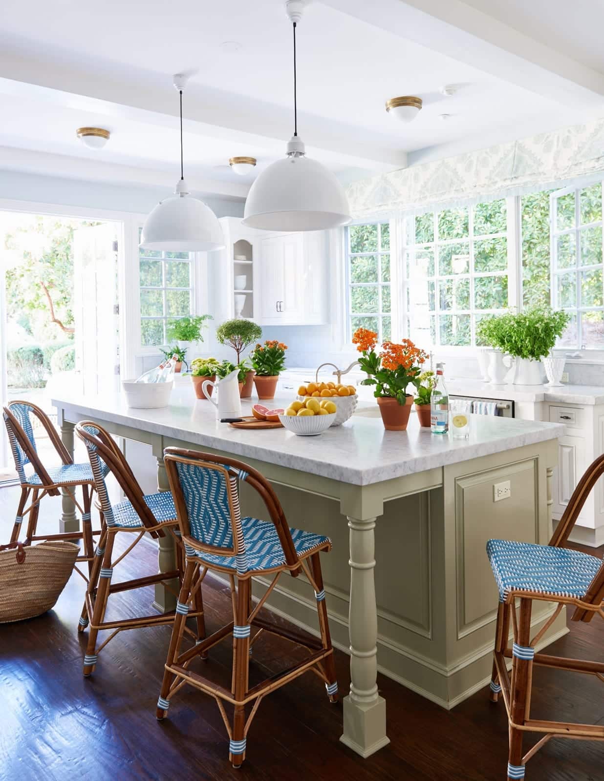 Bliss tranquility in the Pacific Palisades designed by Mark D. Sikes - Amy Neunsinger Photography -kitchen - kitchen design - kitchen island - pendant lights - pendants - riviera stool