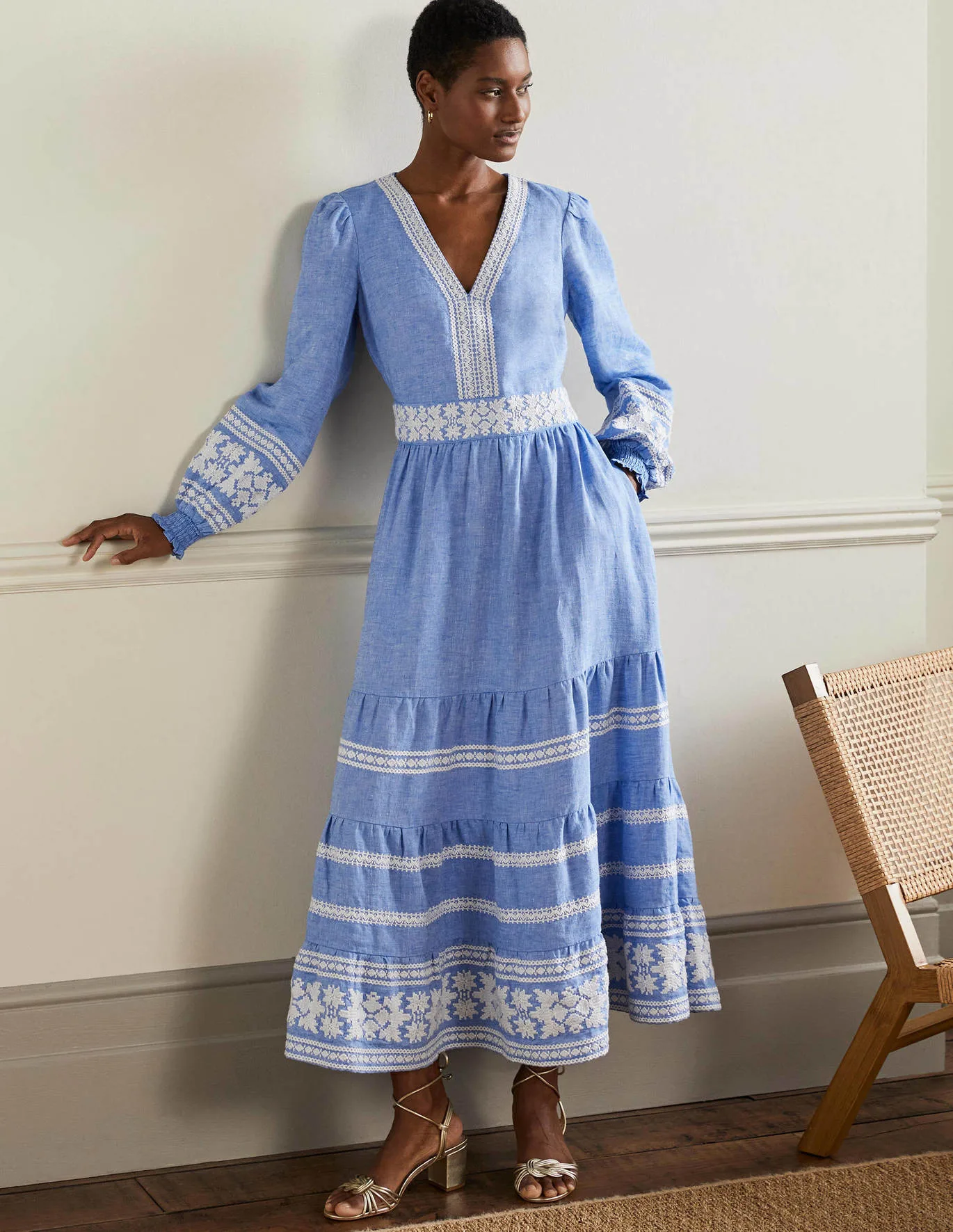 Nadia Embroidered Maxi Dress- boden  - blue and white dress - summer dress - linen dress - fashionable dress