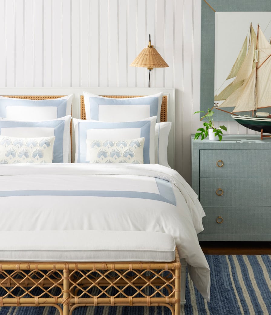 Oasis - Bedroom Design - serena & lily - blue and white bedroom - bedroom decor - bedroom design - wicker bench
