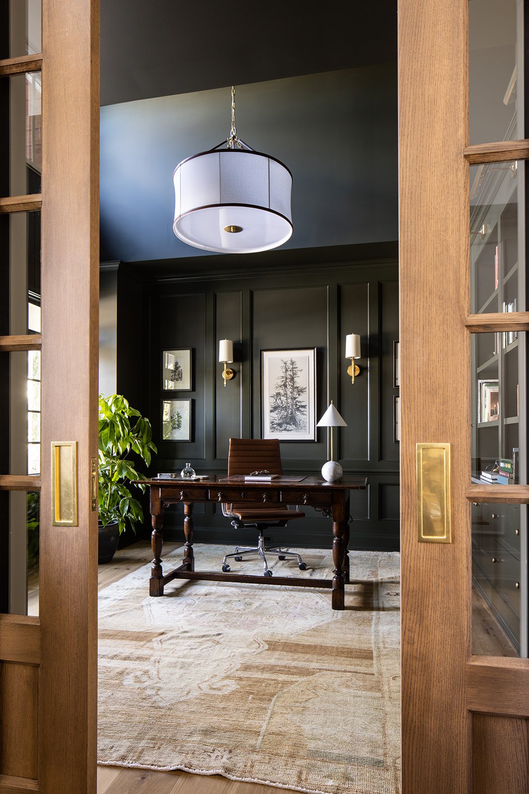 Jean Stoffer Design - Stoffer Photography Interiors- captivating Honey Creek Home - desk - office - home office - pocket doors - 