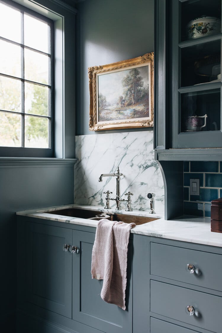 Scullery - kitchen - blue kitchen - Jean Stoffer Design - Stoffer Photography Interiors - marble - glass cabinets - standout spaces