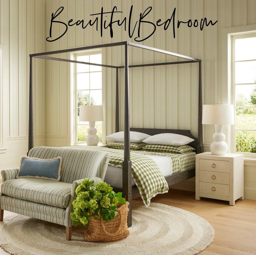 marvelou Bedroom- serena & lily - 4-poster bed - canopy bed - green and white bedroom - shiplap - paneled bedroom