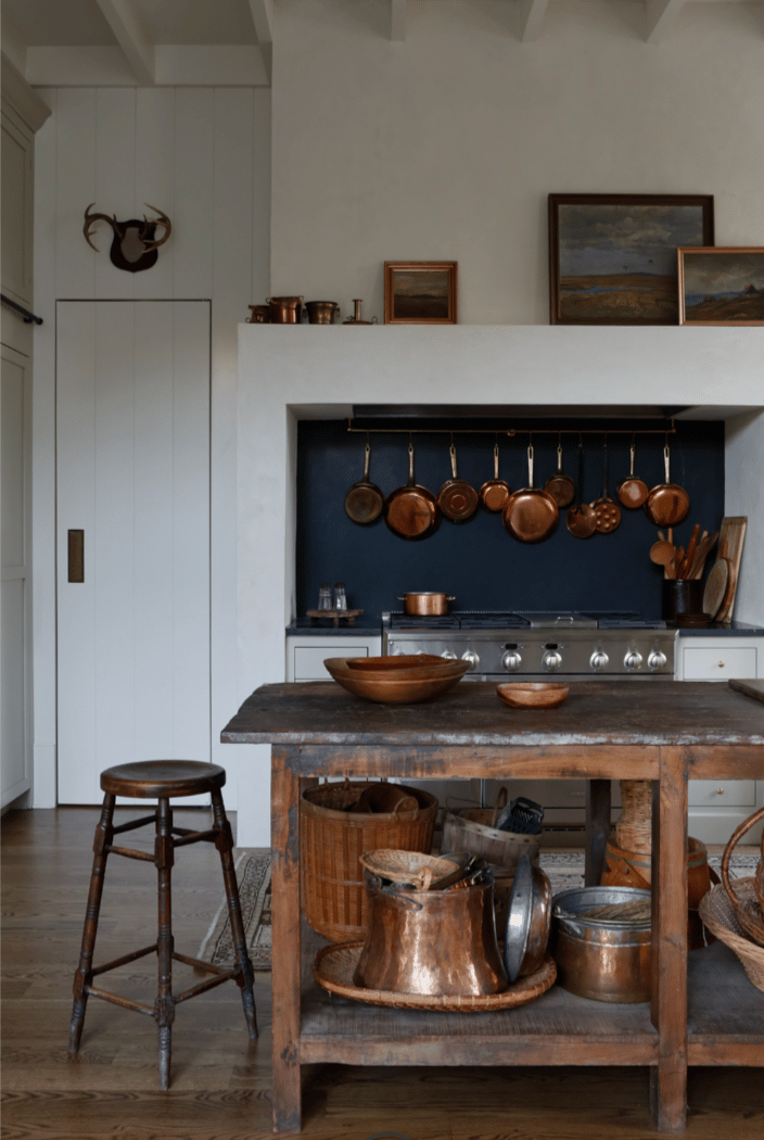 Sabbe Interiors - Paige Rumore Photography - kitchen - wood beams - painted beams - kitchen island - kitchen ladder - copper - copper pots