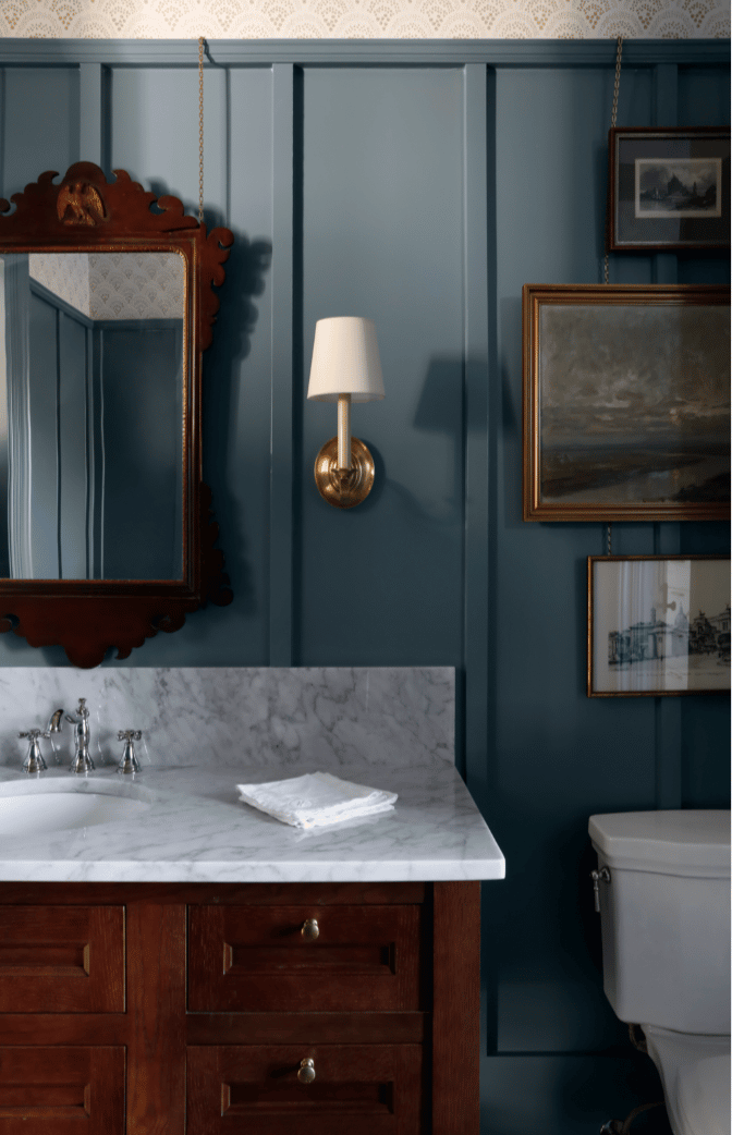 Sabbe Interiors - Paige Rumore Photography -bathroom - blue bathroom - marble countertop