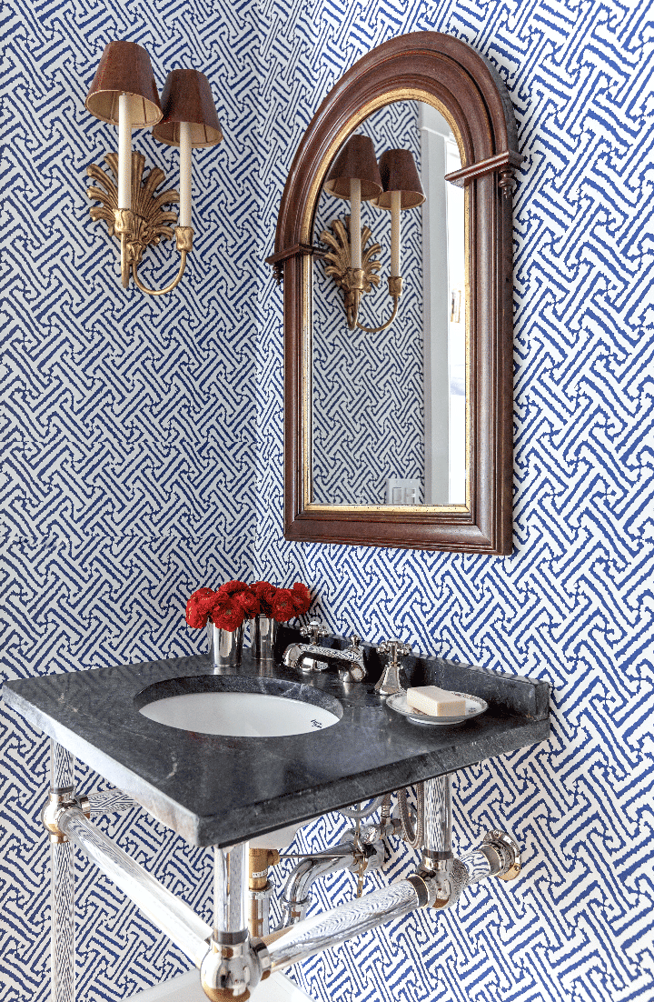 Interior Designer: Kerry Spears- Photography: Jessie Preza  - Professional Styling: Olga Naiman - bathroom - navy and white - blue and white - bathroom remodel - bathroom wallpaper - fresh and inviting