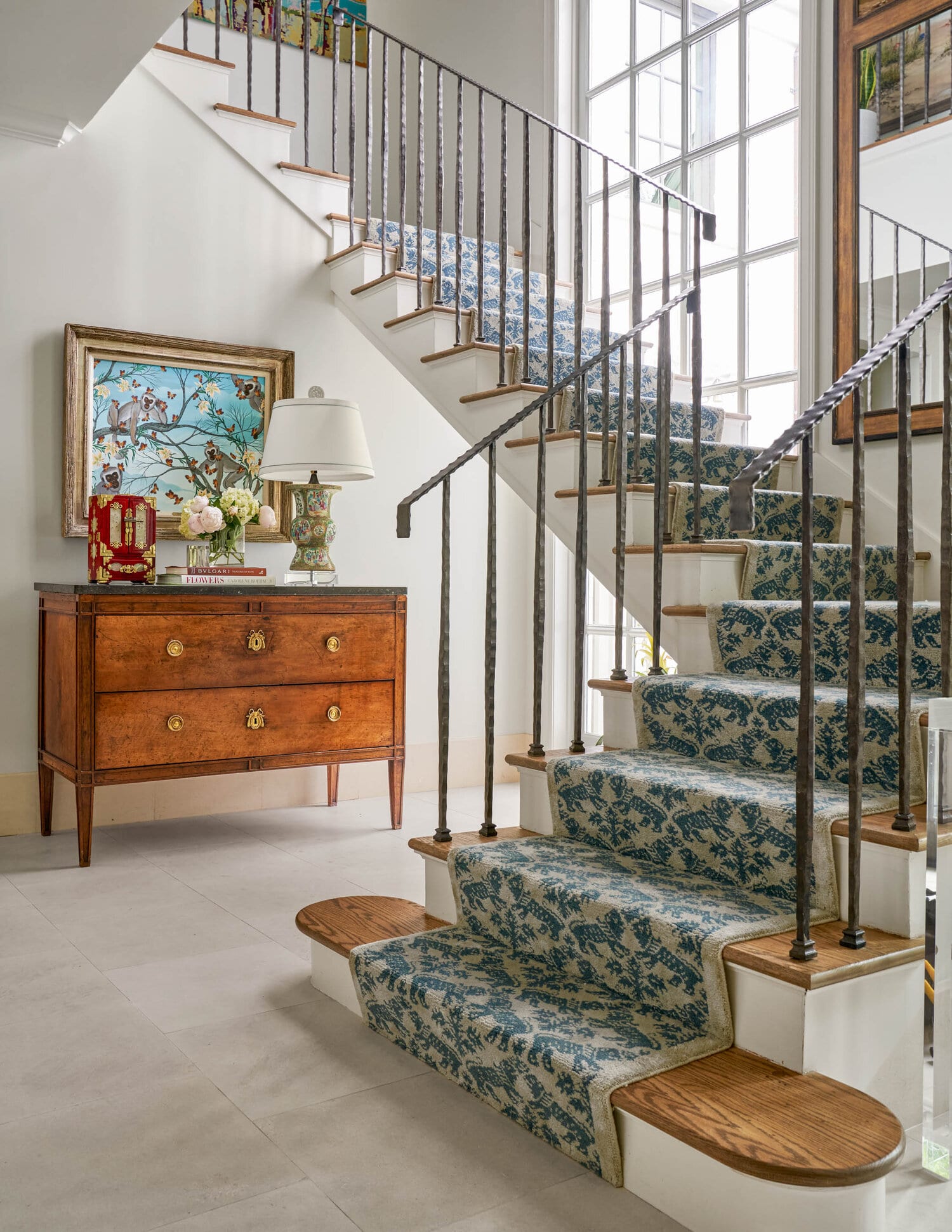 Refined and restful house tour - Jenkins Interiors - Nathan Schroder Photography - beams - blue and white - staircase. - entry - welcome - foyer 