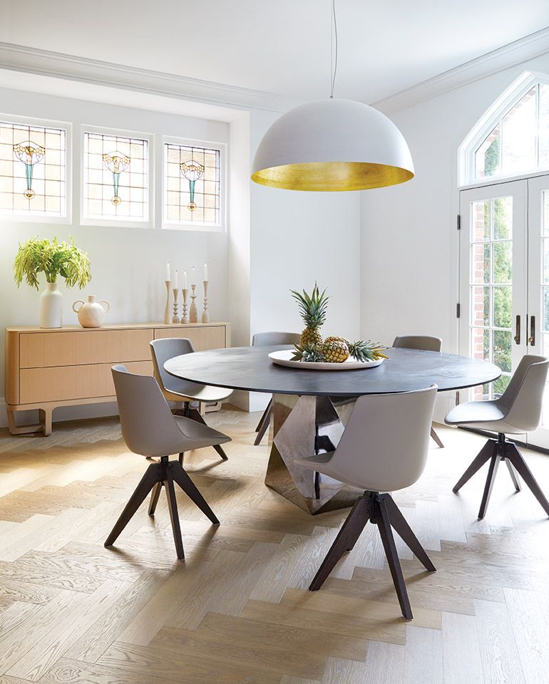 Mood: Interiors & Inspiration by Anne Hepfer, dinng room, dining room design, dining room decor, white pendant light, round table, round dining table
