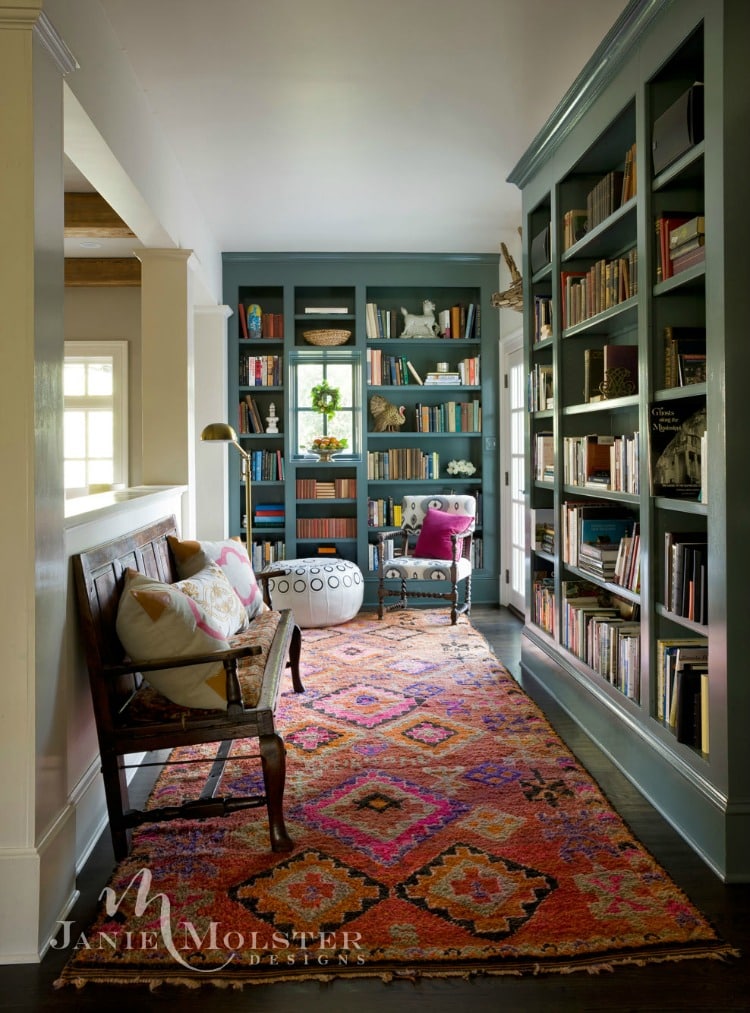 Janie Molster Design bookcases, library, home library, kilim rugs