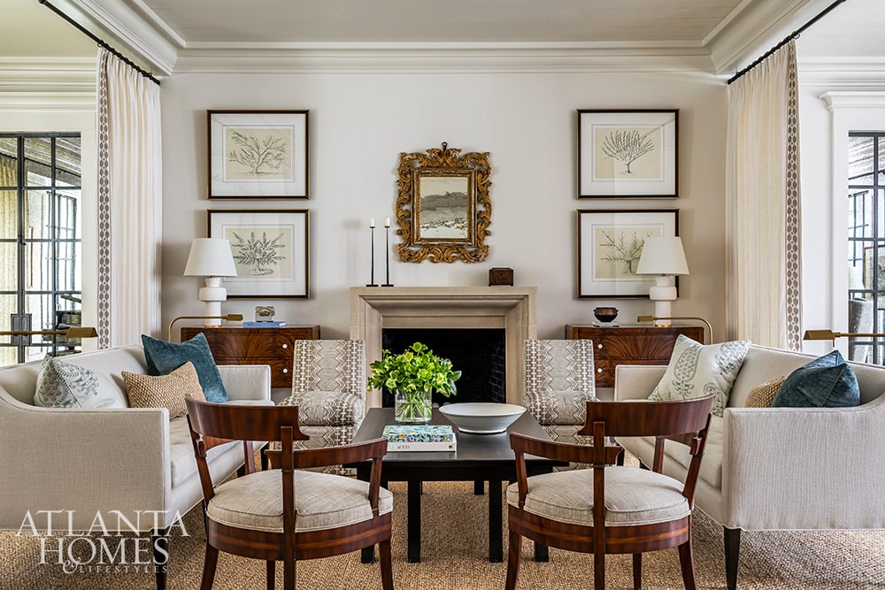 Atlanta Homes & Lifestyles Magazine | McAlpine Architect | Chris Holt, Holt Interiors Designer | Jeff Herr Photographer, Blank Slate to beautiful home, living room, living room design, gallery wall, pair of chairs, pairs, symmetry