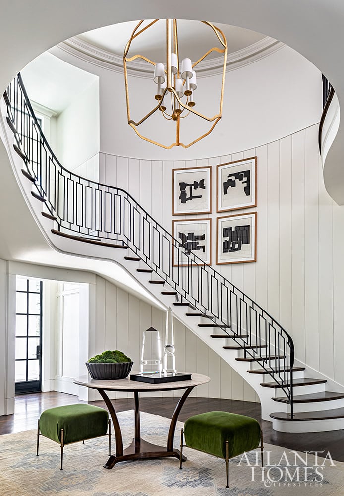 Atlanta Homes & Lifestyles Magazine | McAlpine Architect | Chris Holt, Holt Interiors Designer | Jeff Herr Photographer, Blank Slate to beautiful home, entry, foyer, staircase, curved staircase