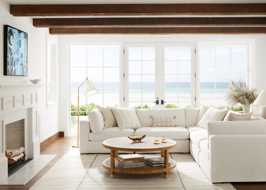 traveler 's oasis - Serena & Lily Living room - beams, wood beams, living room decor, living room design