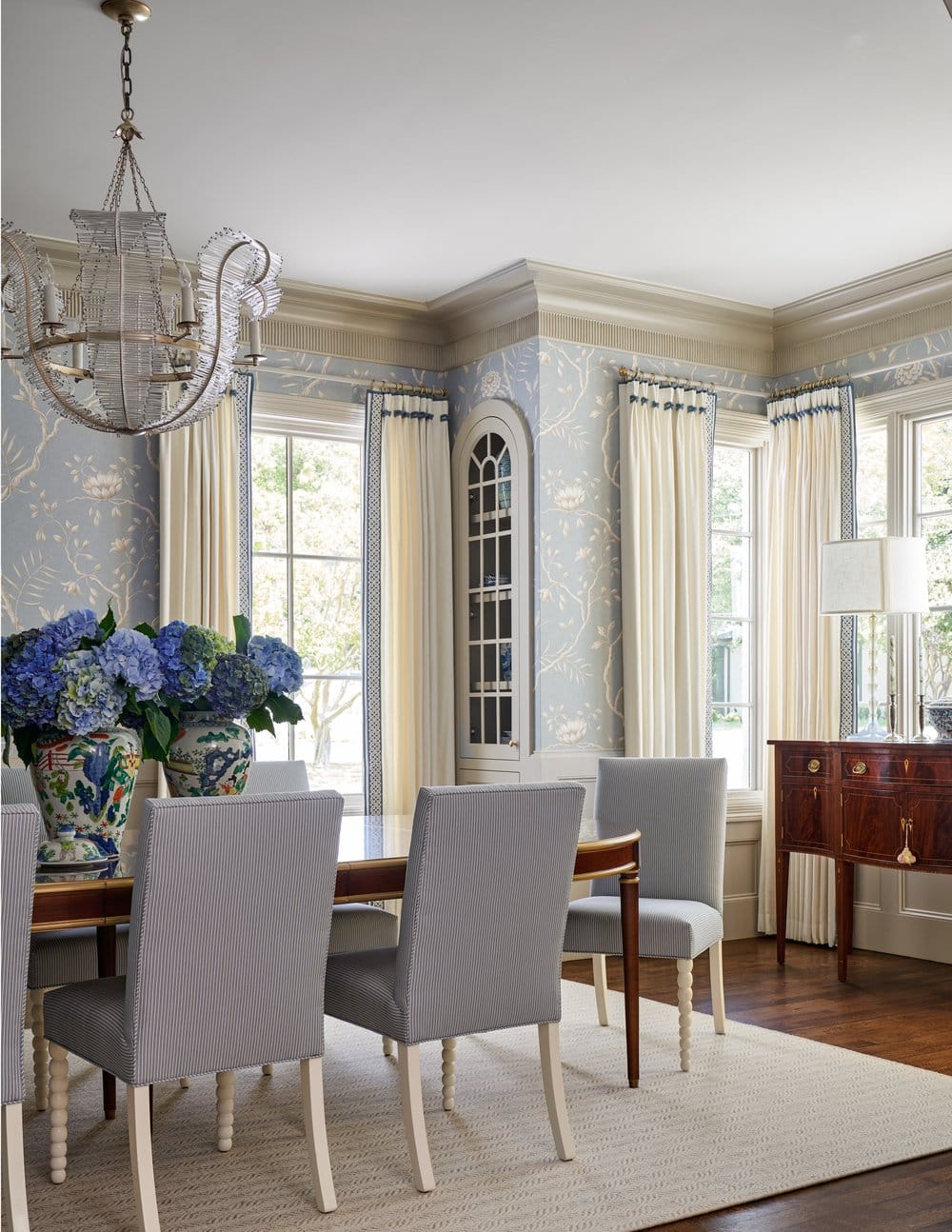 Jenkins interiors | Nathan Schroder Photography - dining room, dining room crystal chandelier, wallpaper