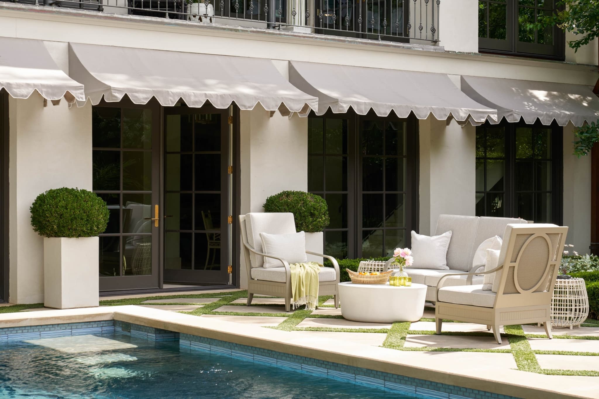 Jenkins Interiors | Schroder Photography - outdoor, patio, scalloped awning, pool, poolside