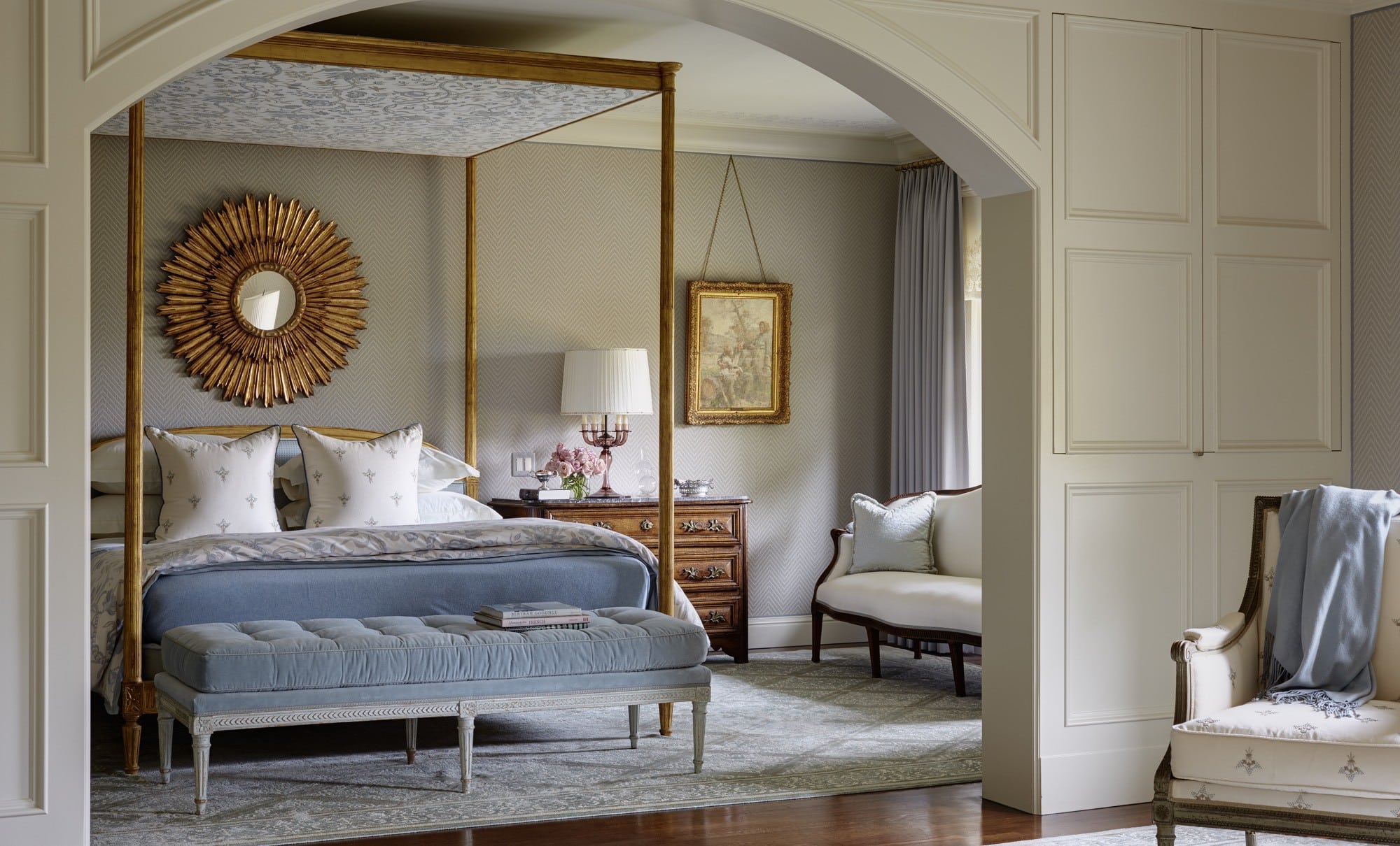 Marshall Watson Design | Luke White photography, canopy bed, bedroom, bedroom design , bedroom decor, round mirror, sunburst mirror, antique mirror