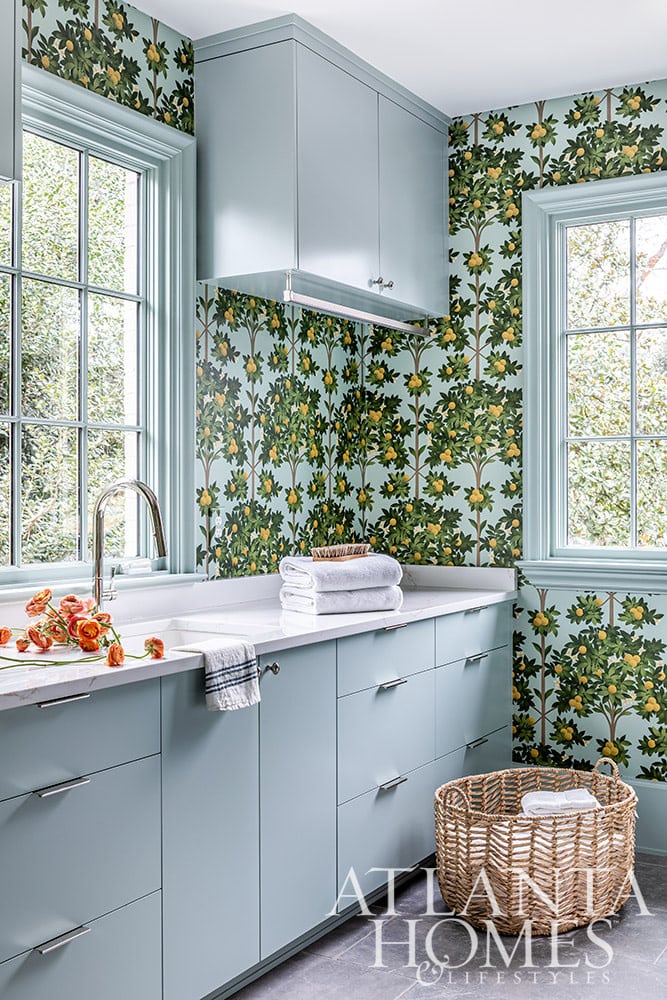 Laundry room, Cole and Son wallpaper, blue laundry room Source: Atlanta Homes & Lifestyles Interior Design Anna Booth Interiors Landscape Architect:  Bill Caldwell, BCLA Design Builder: Paces Builder Group Photography: Jeff Herr