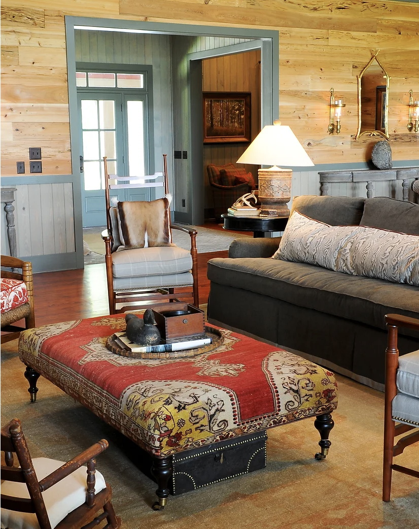 Warm and cozy beautiful living room that is perfect for family life. Love the pickled paneling and blue moldings -Architect: Alison Ramsey | Leah Bailey Interiors | Linn Gresham Designer | Photography Allison Morgan