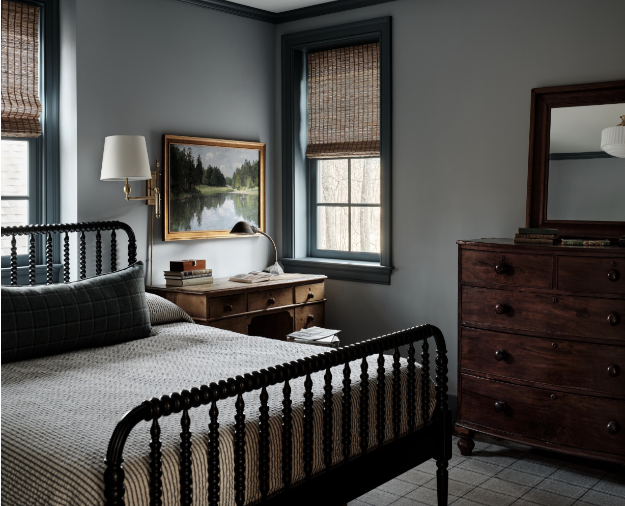 Great design is all about the details. And no one’s work embodies that more than the good taste of Stephanie Sabbe .  With her brilliant use of layering in interior design, she designs chic and sophisticated spaces that are perfect for family living!  Warm, inviting and completely livable…what could be better. Joseph Bradshaw Photography - moody blue bedroom 