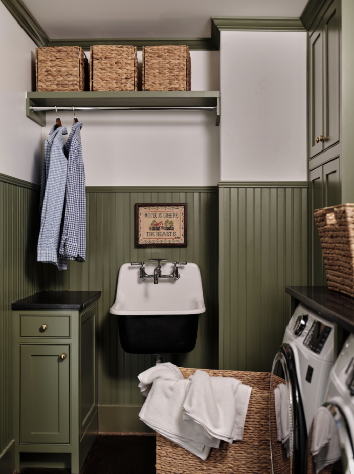 Great design is all about the details. And no one’s work embodies that more than the good taste of Sabbe Interior Design.    Warm, inviting and completely livable…what could be better. Joseph Bradshaw Photography - sage green mudroom 