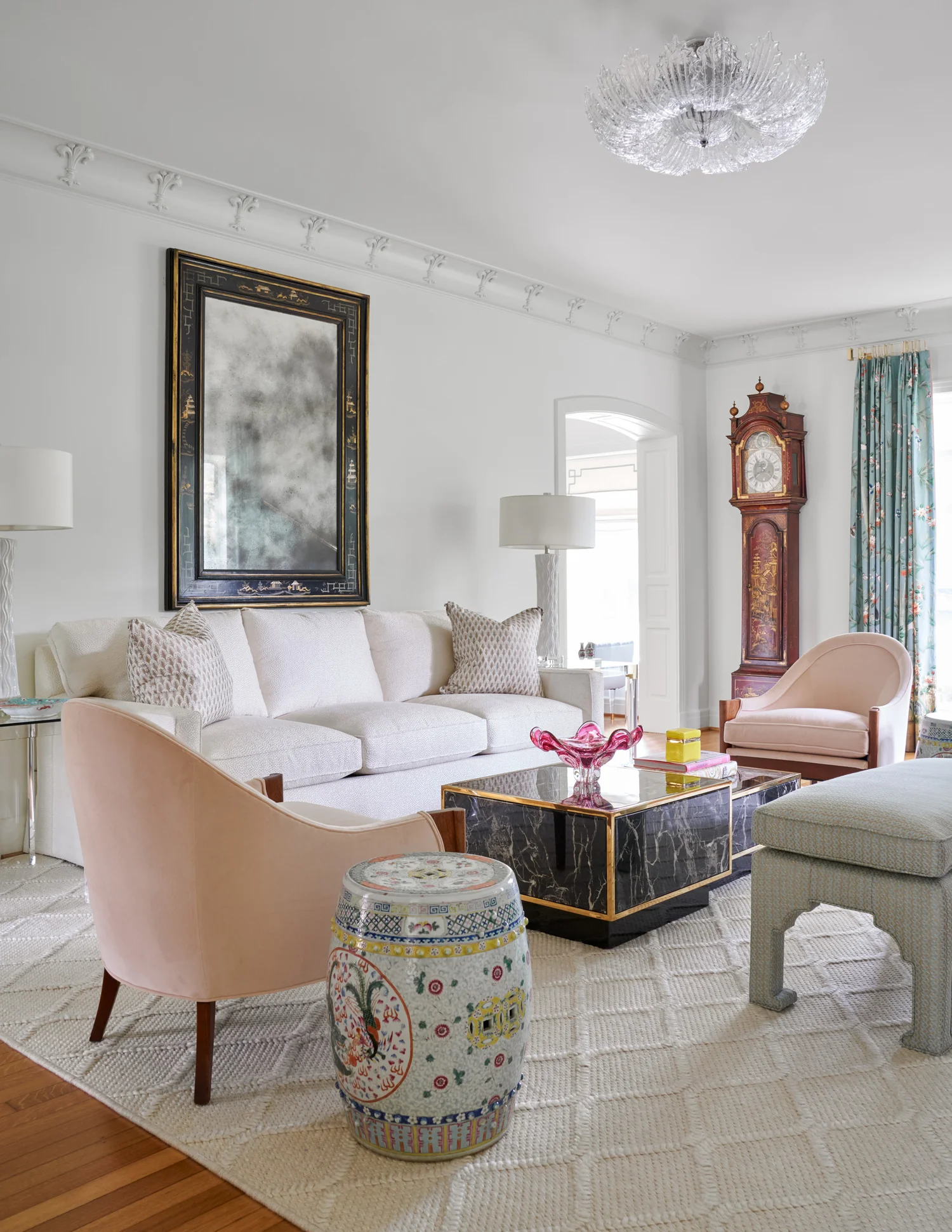 beautiful classic living room in pastel colors with lovely grandfather clock