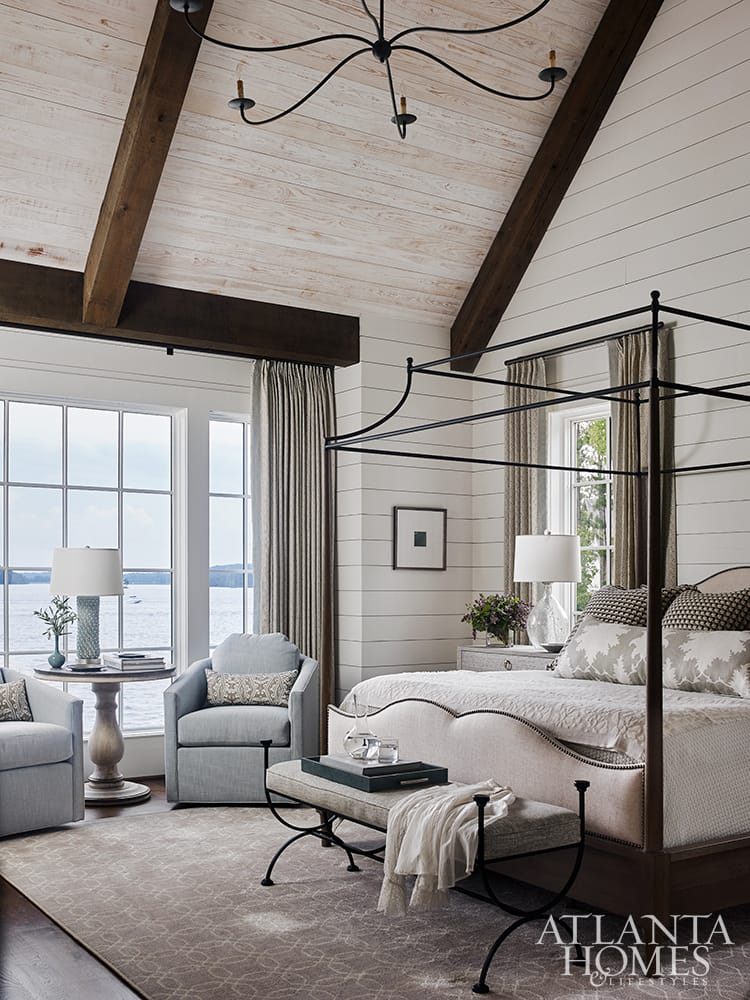 Lake Martin lake house designed by Liz Williams bedroom PHOTOGRAPHER: Emily Followill INTERIOR DESIGN: Liz Williams Interiors lizwilliamsinteriors.com ARCHITECT:  Mitch Ginn, L. Mitchell Ginn & Associates LANDSCAPE ARCHITECT:  Outside Landscape Group
