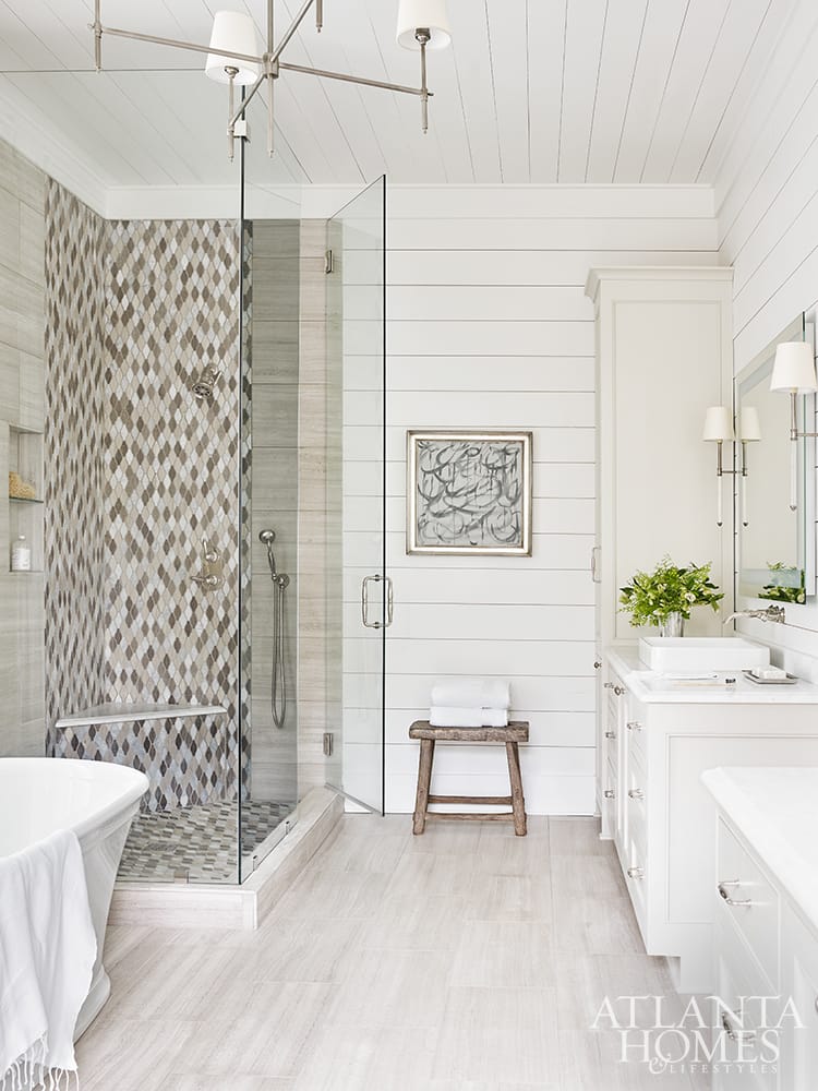 Lake Martin lake house designed by Liz Williams bathroom PHOTOGRAPHER: Emily Followill INTERIOR DESIGN: Liz Williams Interiors lizwilliamsinteriors.com ARCHITECT:  Mitch Ginn, L. Mitchell Ginn & Associates LANDSCAPE ARCHITECT:  Outside Landscape Group