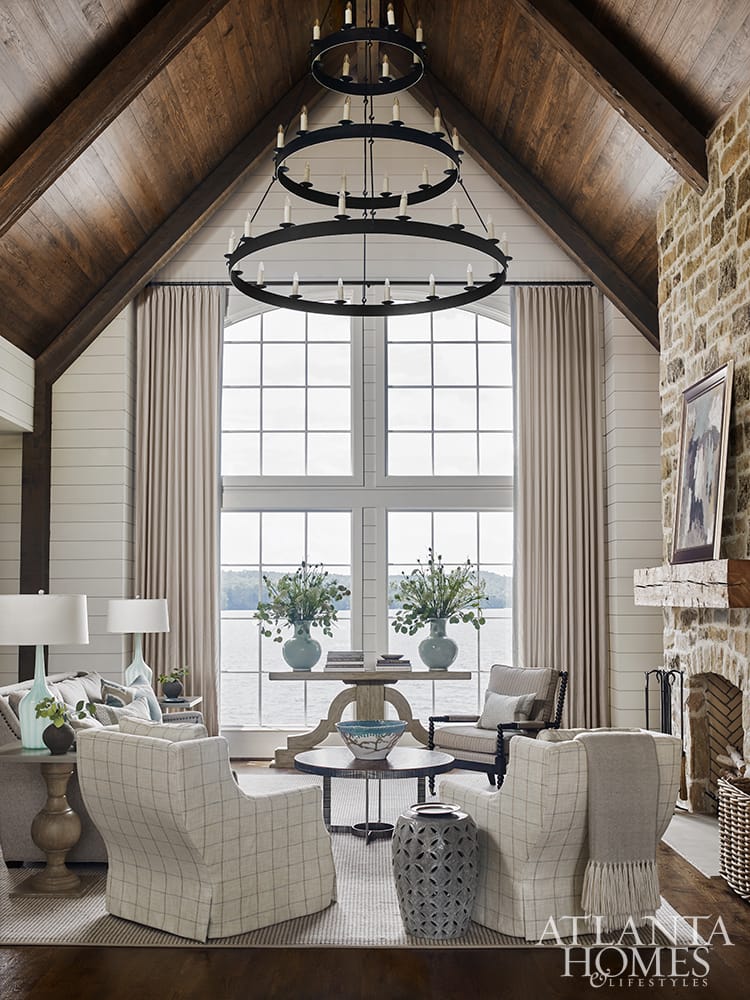 Lake Martin lake house designed by Liz Williams family room with cathedral ceiling - Love these beautiful interior design ideas PHOTOGRAPHER: Emily Followill INTERIOR DESIGN: Liz Williams Interiors lizwilliamsinteriors.com ARCHITECT:  Mitch Ginn, L. Mitchell Ginn & Associates LANDSCAPE ARCHITECT:  Outside Landscape Group