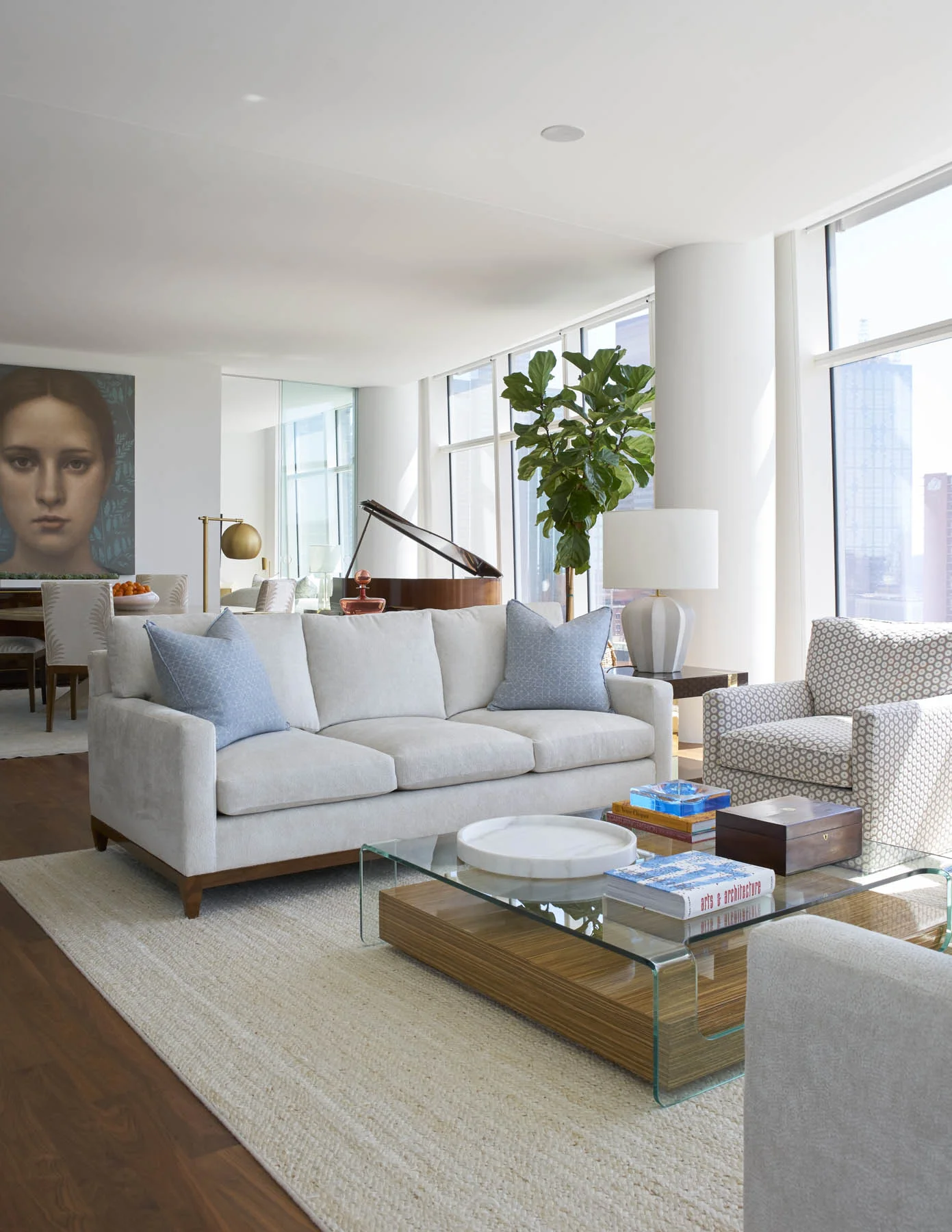 Jenkins Interiors | Nathan Schroder Photography, living room, living room design, large art, glass coffee table