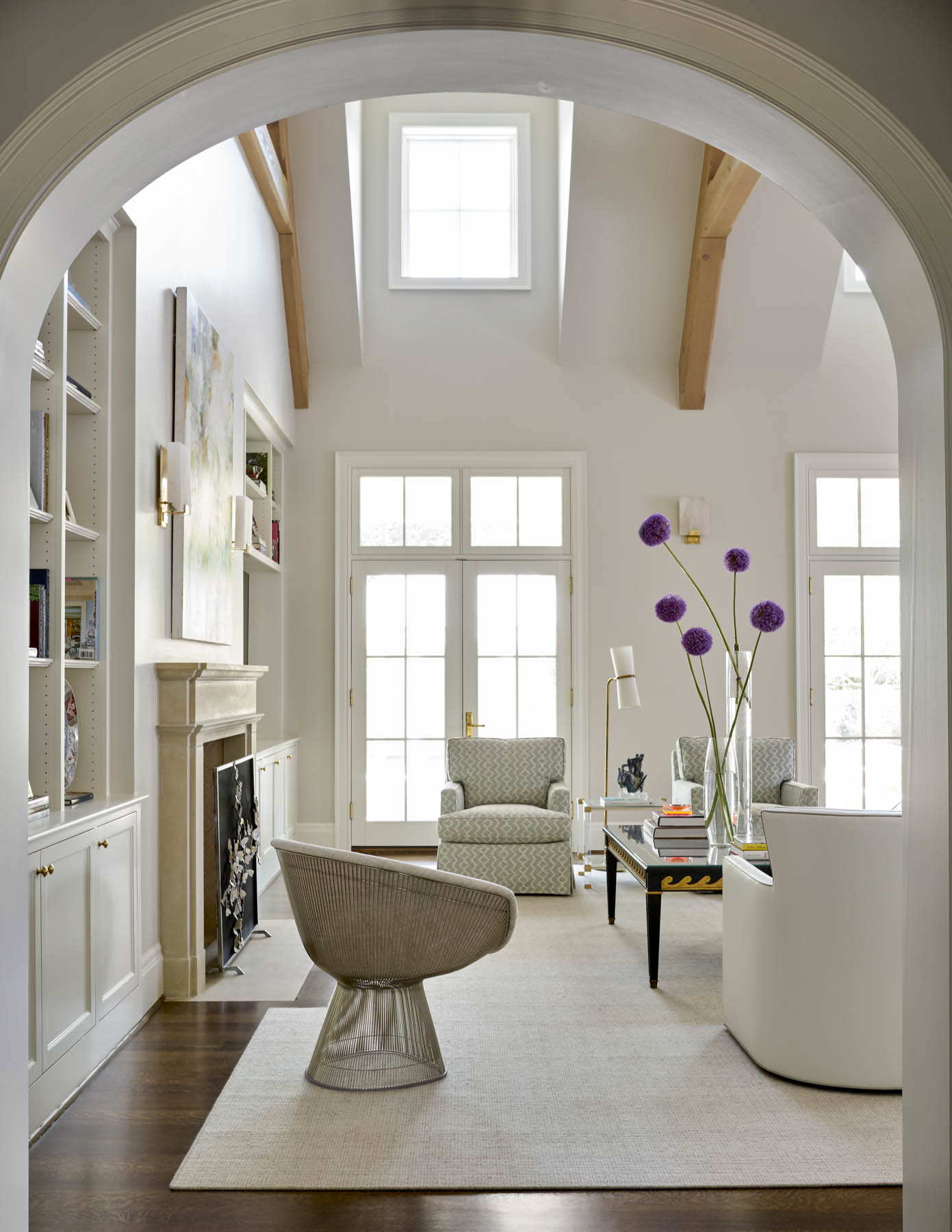 living room, living room beams, wood beams, COFFEE TABLE DECOR | Collins Interiors | Nathan Schroder Photography