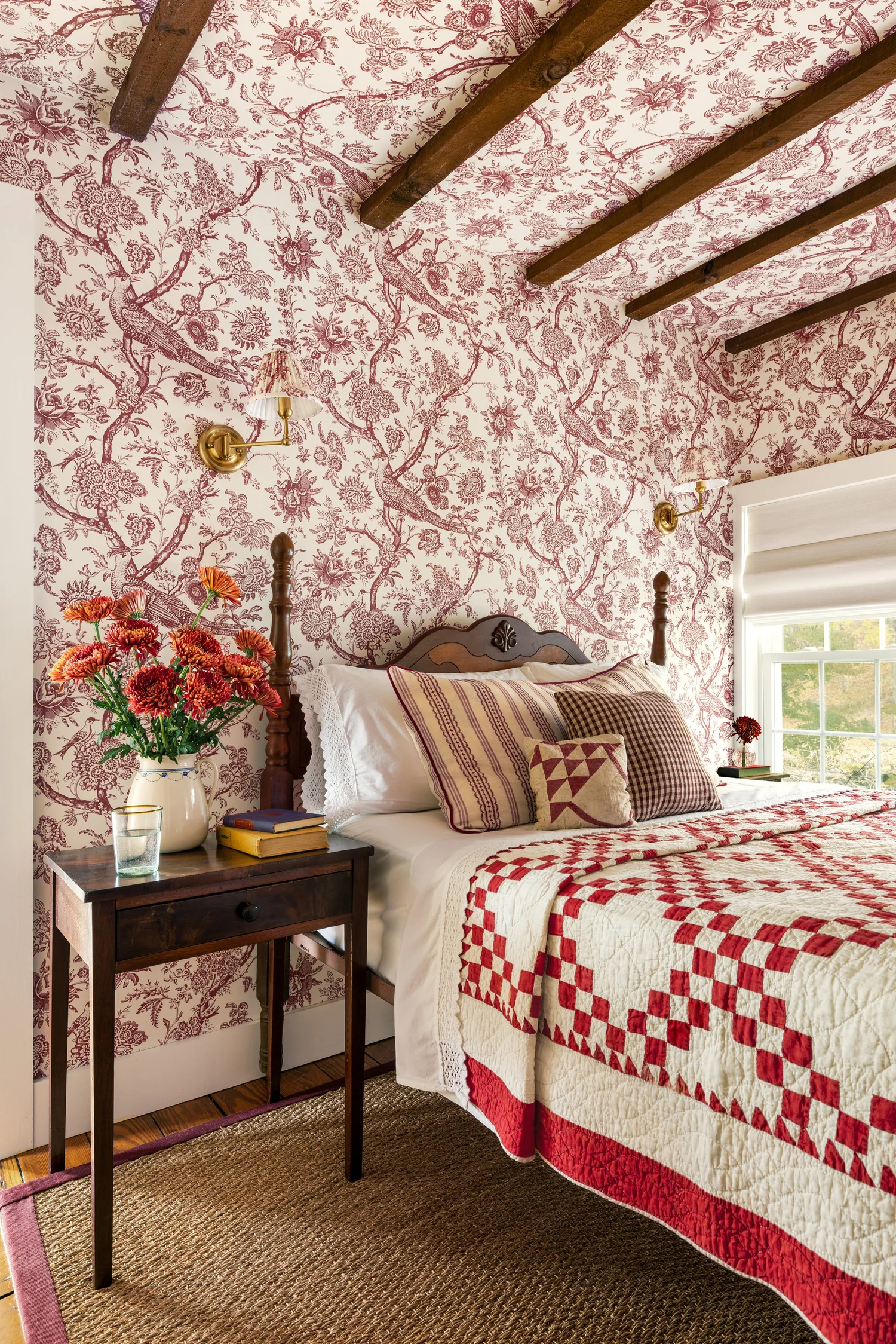 Discover 6 ways to make your home inviting. From simple decor updates to warm lighting ideas, create a space you’ll love! Ariel Okin Interior Design | Julie Leffell Photography - love the red and white quilt in this bedroom with wood beams and red and white wallpaper
