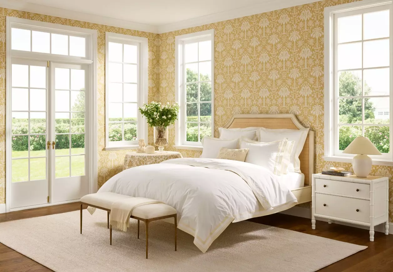 It’s no secret how much we love Serena & Lily and every season we are excited to see their fabulous new finds.  A fun bench, stylish chairs, the coziest bedding…we love it all .  Beautiful bedroom with neutral decor and wonderful wallpaper