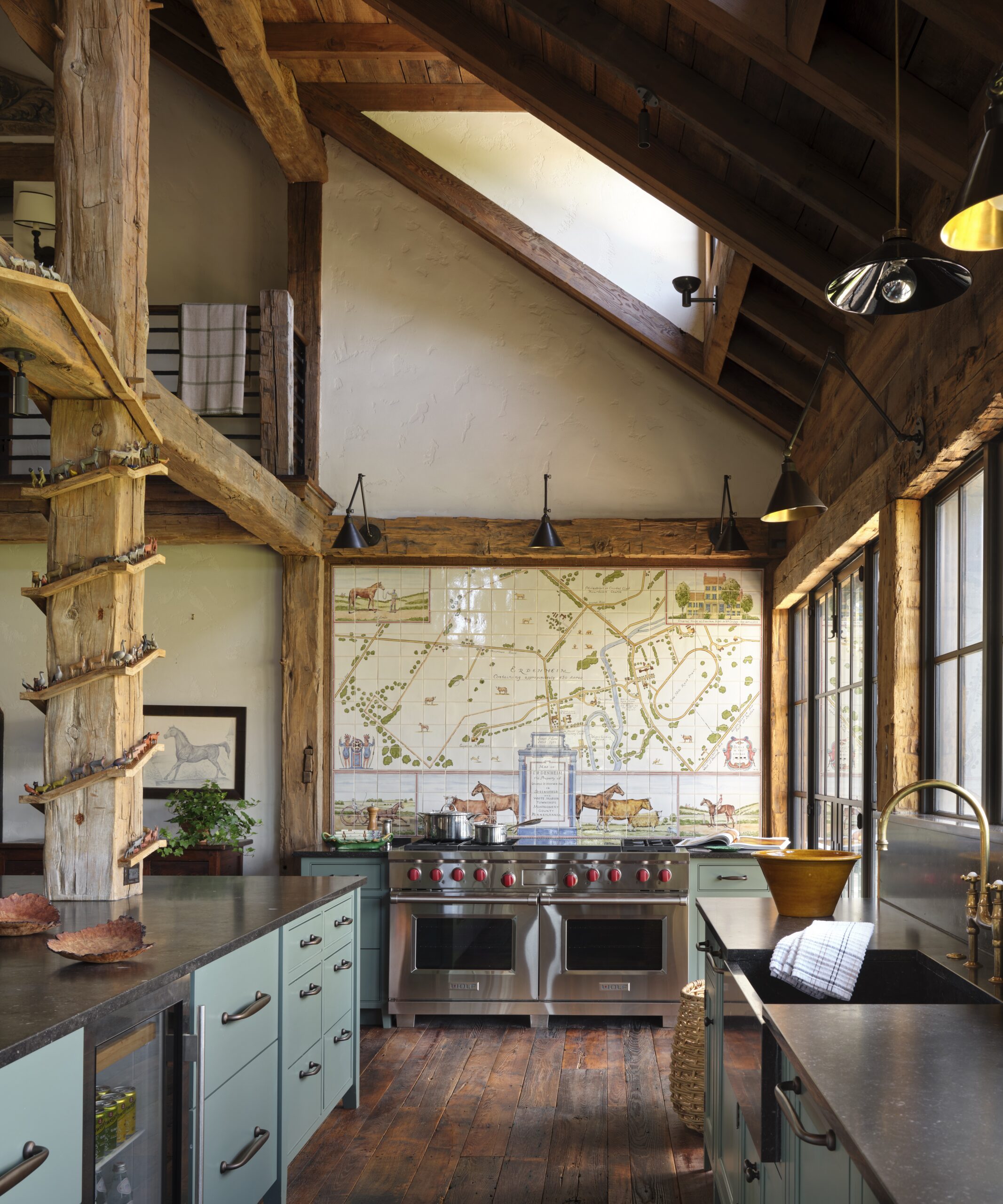 Tom Scheerer's new coffee table book, STILL DECORATING, is absolutely brimming with breathtaking work that is sure to leave every reader inspired. It is filled with perfect examples of this standout designer's peerless style and stunning interior design ideas. beautiful kitchen with sage green cabinets and wood beams Images courtesy of Vendome Press Photography Francesco Lagnese
