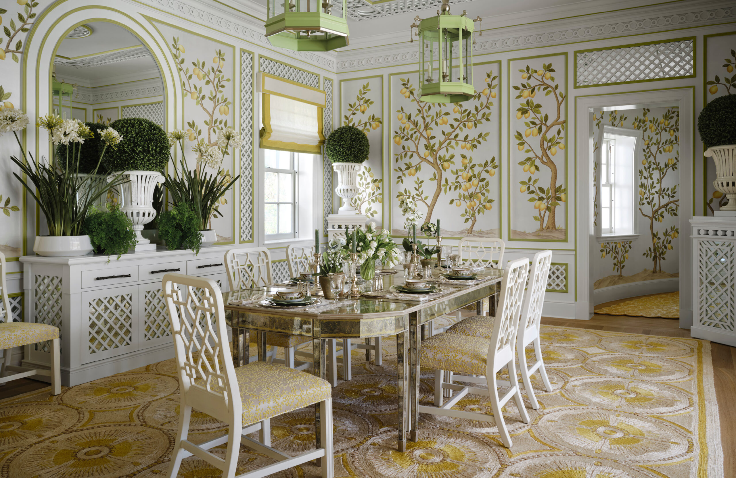 There are few things we look forward to more than sharing a sneak peek of a new coffee table book! If you are looking for chic, sophisticated and gorgeous living, don't miss the latest addition to our collection,  Hilfiger Homes.  Dining room with lemon tree wallpaper
