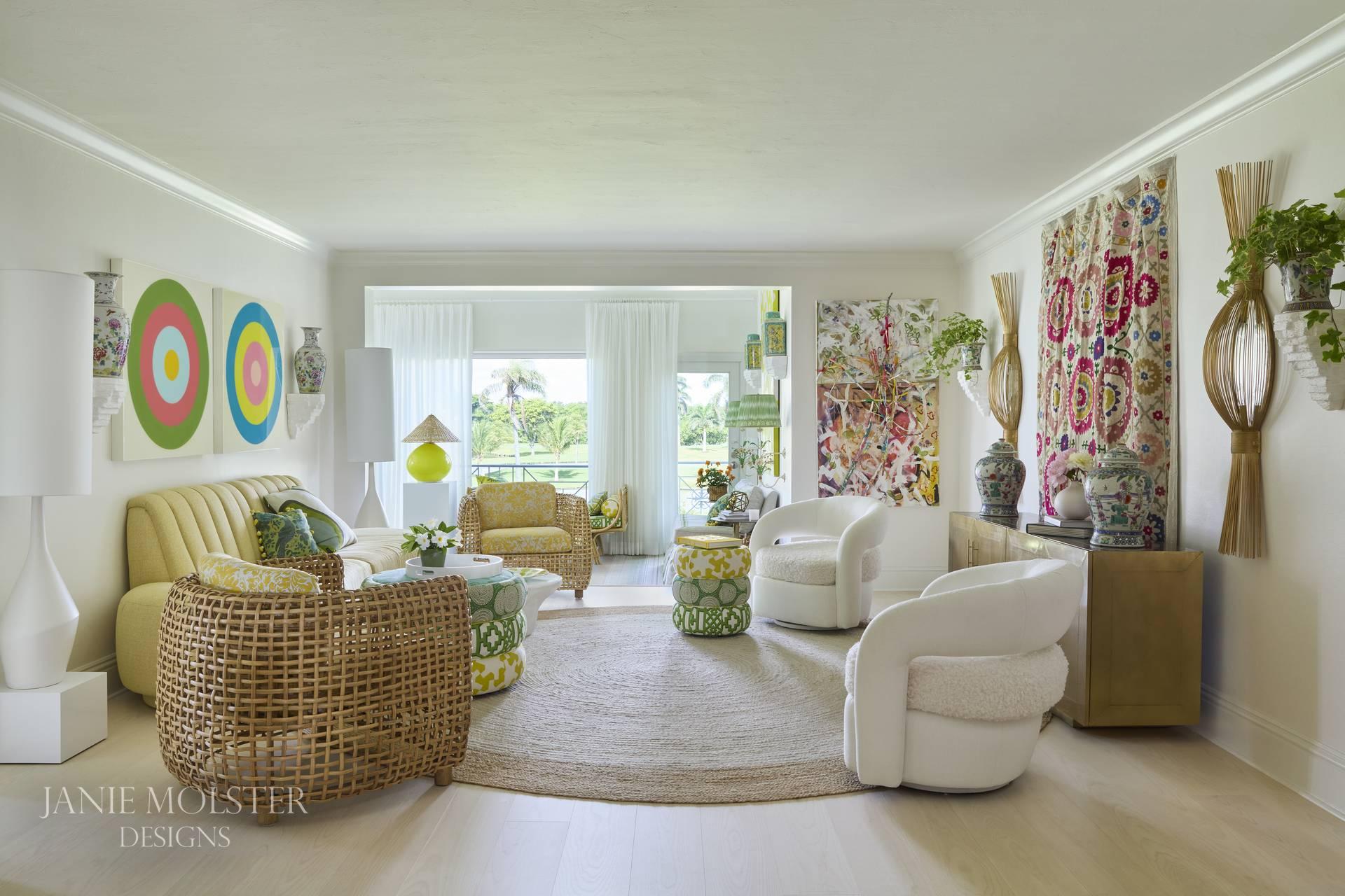  It’s Wednesday, and we’re needing a little color in our lives–and our homes! From food to flowers, art to dresses, everything is better with a splash of a favorite shade!?  Take a peek at these colorful home interiors in the Palm Beach getaway of the fabulously talented Janie Molster, and we think you’ll agree. Brantley Photography