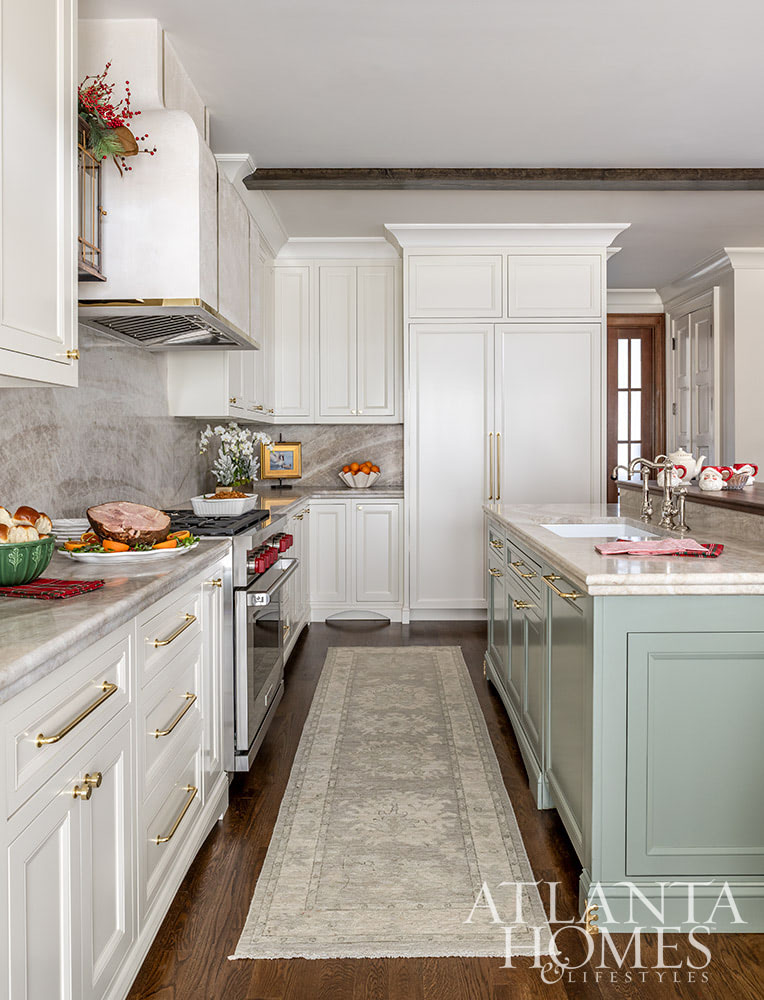 As the holiday celebrations begin to take center stage, we hope you can steal away for a moment to take a peek at this gorgeous Atlanta home. The stunning interior design ideas may inspire your own decorating.  White kitchen with brass hardware Source: Atlanta Homes & Lifestyles  Interior Design: Lauren Davenport, Davenport Designs  Contractor:Matthew Morris, M.T. Morris Construction  Jeff Herr Photography 