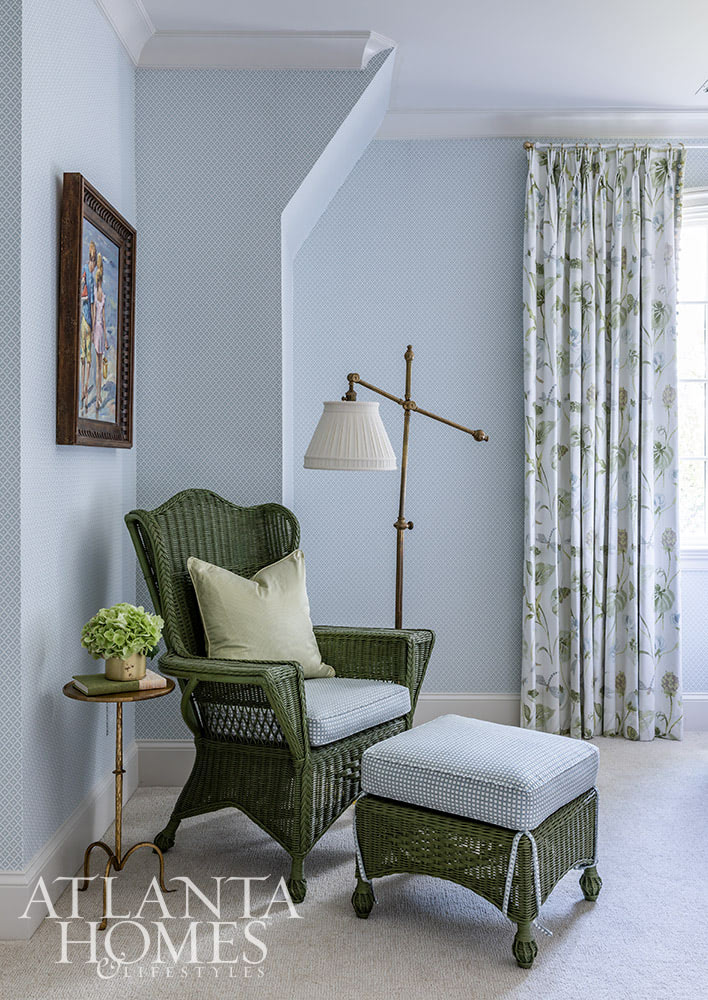 As the holiday celebrations begin to take center stage, we hope you can steal away for a moment to take a peek at this gorgeous Atlanta home. The stunning interior design ideas may inspire your own decorating. Vintage wicker chair and ottoman painted green Source: Atlanta Homes & Lifestyles  Interior Design: Lauren Davenport, Davenport Designs  Contractor:Matthew Morris, M.T. Morris Construction  Jeff Herr Photography 