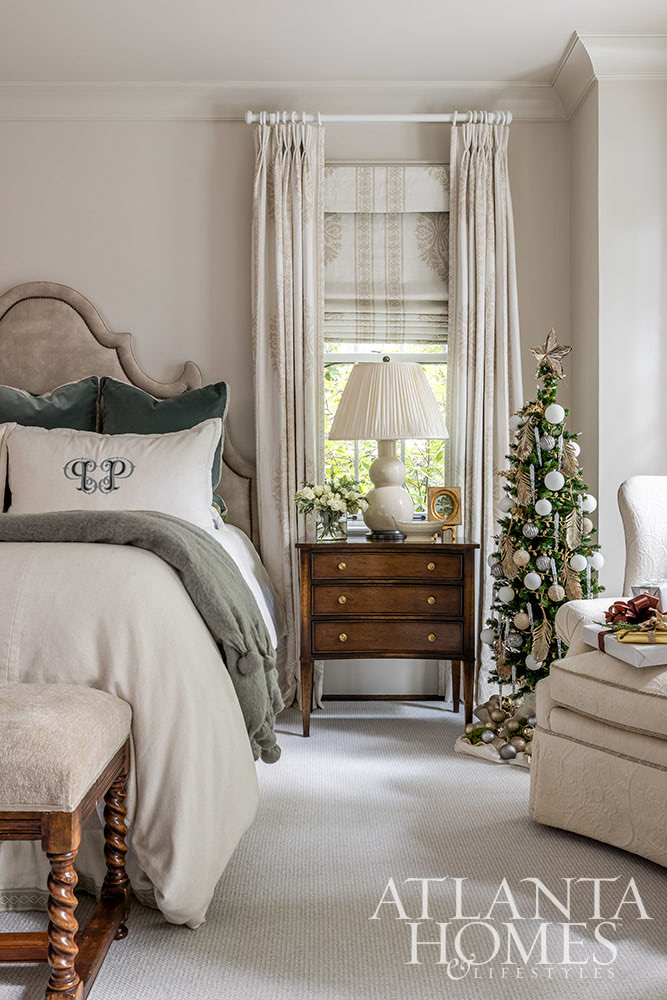 As the holiday celebrations begin to take center stage, we hope you can steal away for a moment to take a peek at this gorgeous Atlanta home. The stunning interior design ideas may inspire your own decorating. Primary bedroom with green velvet pillows Source: Atlanta Homes & Lifestyles  Interior Design: Lauren Davenport, Davenport Designs  Contractor:Matthew Morris, M.T. Morris Construction  Jeff Herr Photography 