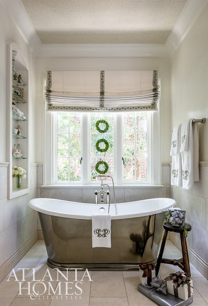 As the holiday celebrations begin to take center stage, we hope you can steal away for a moment to take a peek at this gorgeous Atlanta home. The stunning interior design ideas may inspire your own decorating. Bathroom with stainless steel freestanding tub Source: Atlanta Homes & Lifestyles  Interior Design: Lauren Davenport, Davenport Designs  Contractor:Matthew Morris, M.T. Morris Construction  Jeff Herr Photography 