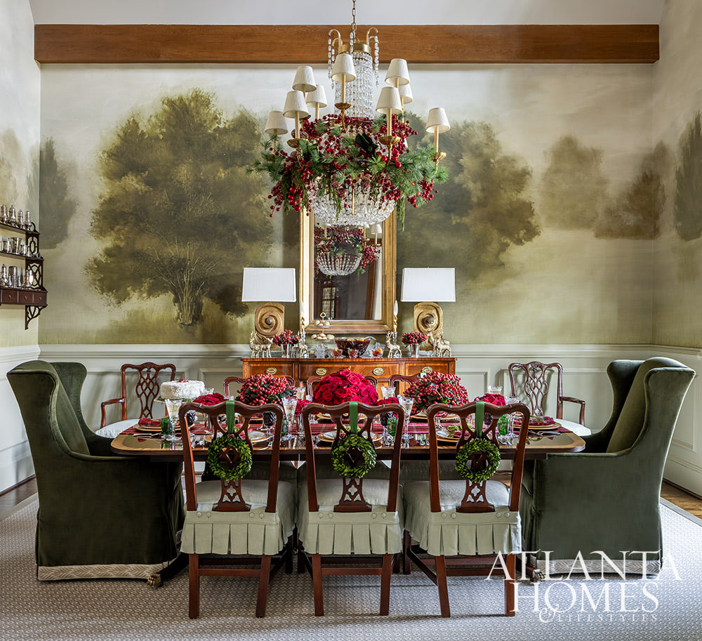 As the holiday celebrations begin to take center stage, we hope you can steal away for a moment to take a peek at this gorgeous Atlanta home. The stunning interior design ideas may inspire your own decorating. Dining room with hand painted mural Source: Atlanta Homes & Lifestyles  Interior Design: Lauren Davenport, Davenport Designs  Contractor:Matthew Morris, M.T. Morris Construction  Jeff Herr Photography 