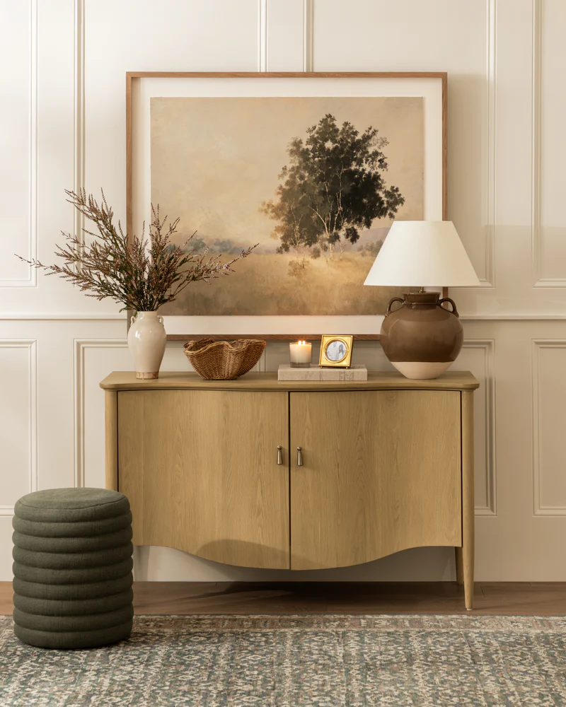  Studio McGee Interiors | Lucy Call Photography - foyer with blonde wood chest 