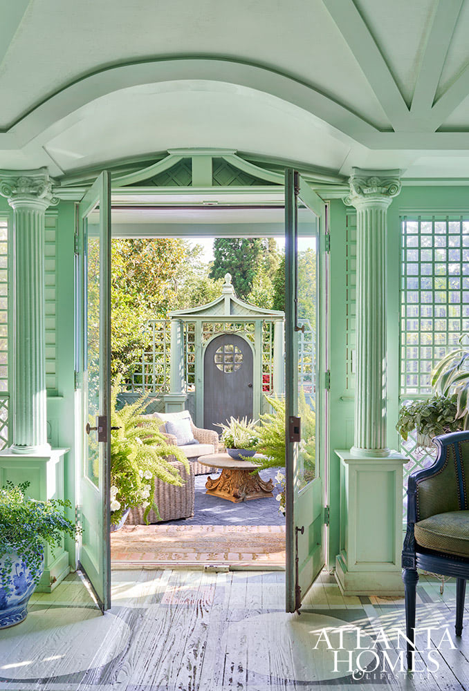 And for my wonderful design blog readers, there are always beautiful interiors to discover. - Atlanta Homes & Lifestyles  |  Designers (owners): Dan Belman and Randy Korando of Boxwood Gardens and Gifts |  Photography by Emily Followill and Kelly Blackmon - beautiful sunroom with cove ceiling leading to a spectacular garden w