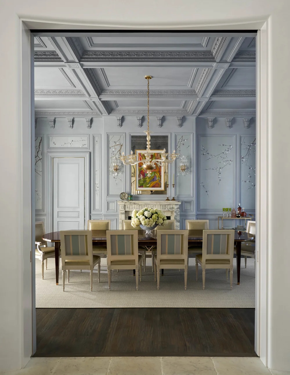 These five tips capture the essence of interior design ideas that inspire — timeless, layered, and effortlessly beautiful. These beautiful interiors of Jenkins Interiors photographed by Nathan Schroder always inspire us! drenched color dining room with coffered ceiling in moody blue