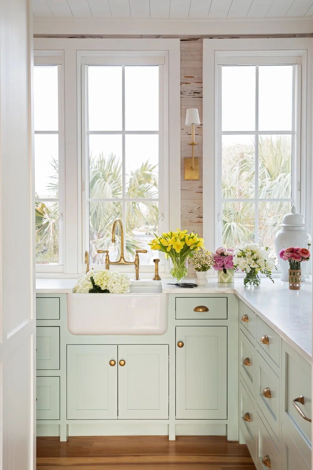 Kara Miller Interiors | Brantley Photography - love the green cabinets in this kitchen with pickled paneling