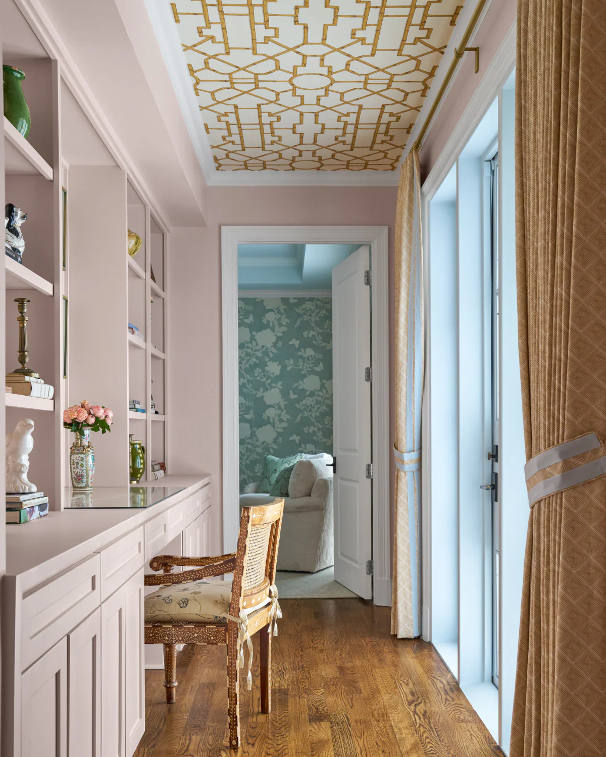 We hope you are having a fabulous day. We are so excited to share this gorgeous home designed by Dunbar Road Design Full of charm and character, it's the perfect place for entertaining or for family relaxation. Nathan Schroder Photography - love the pink design and chair with wallpaper on the ceiling