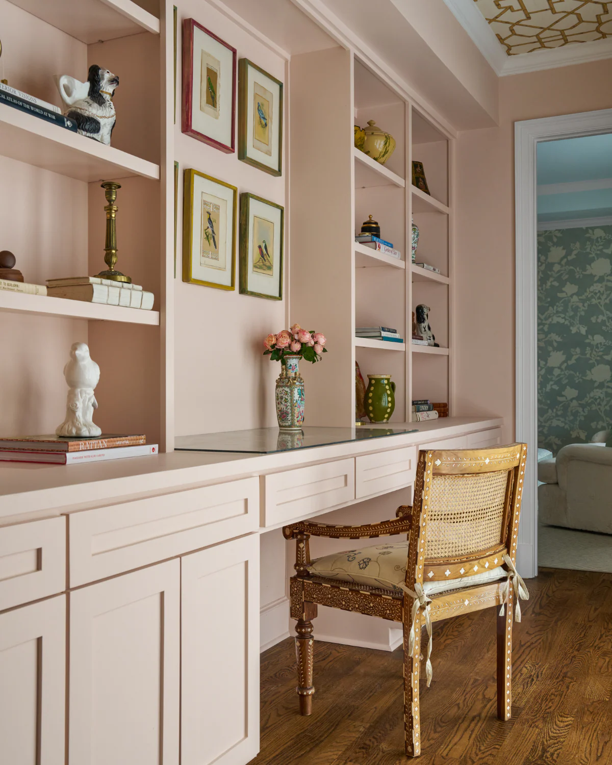 We hope you are having a fabulous day. We are so excited to share this gorgeous home designed by Dunbar Road Design Full of charm and character, it's the perfect place for entertaining or for family relaxation. Nathan Schroder Photography - love the pink design and chair with wallpaper on the ceiling