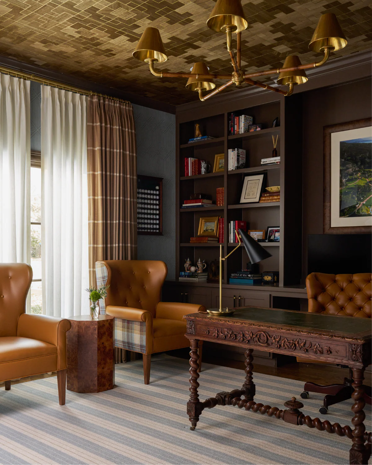 We hope you are having a fabulous day. We are so excited to share this gorgeous home designed by Dunbar Road Design with inspiring interior design ideas for your own home. Full of charm and character, it's the perfect place for entertaining or for family relaxation. Nathan Schroder Photography - wallpaper on ceiling in library